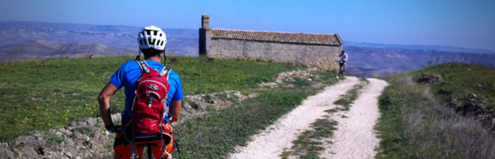 010: Italian bike tour A man on an Italian bike tour riding down a dirt road.