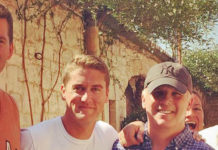 012: Traveling in Italy with kids with director Scott Ellis and actor Scott Drummond Four men are posing for a picture in front of a stone wall while traveling in Italy.