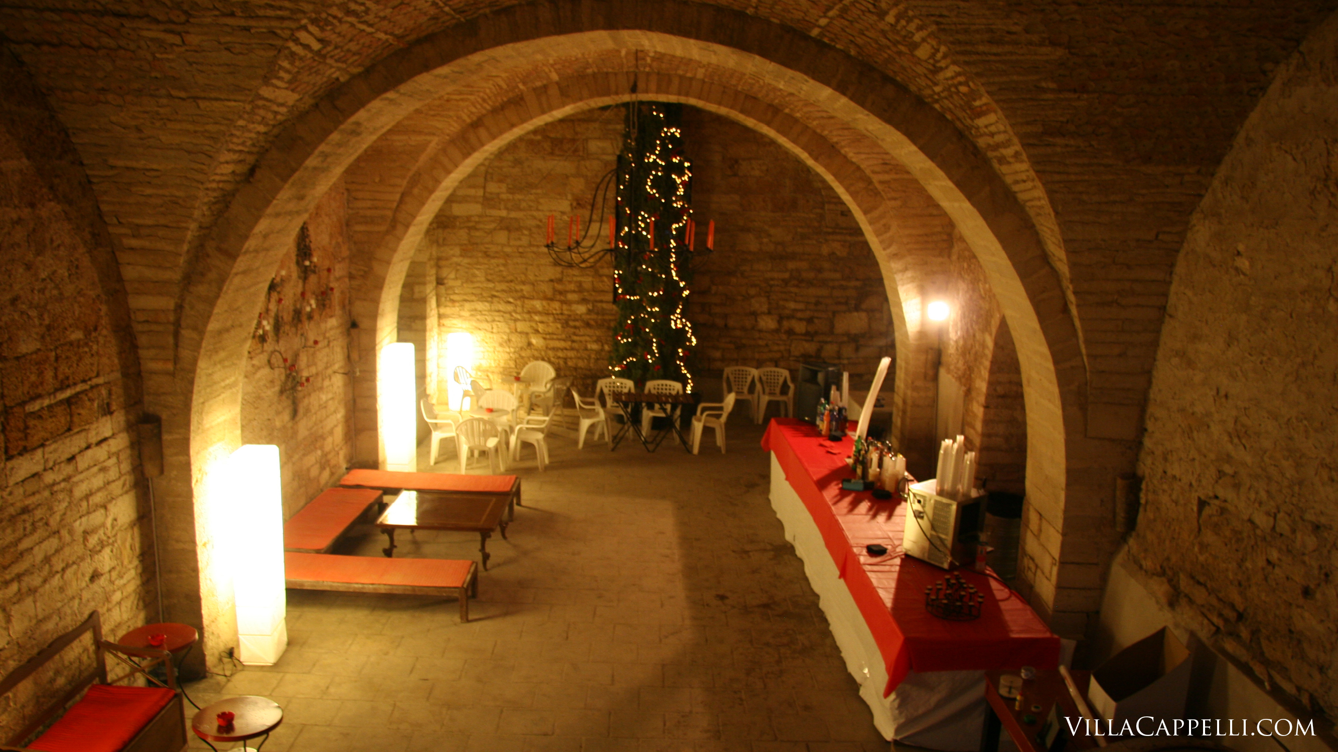 The wine cellar decorated for a Christmas party at Villa Cappelli.